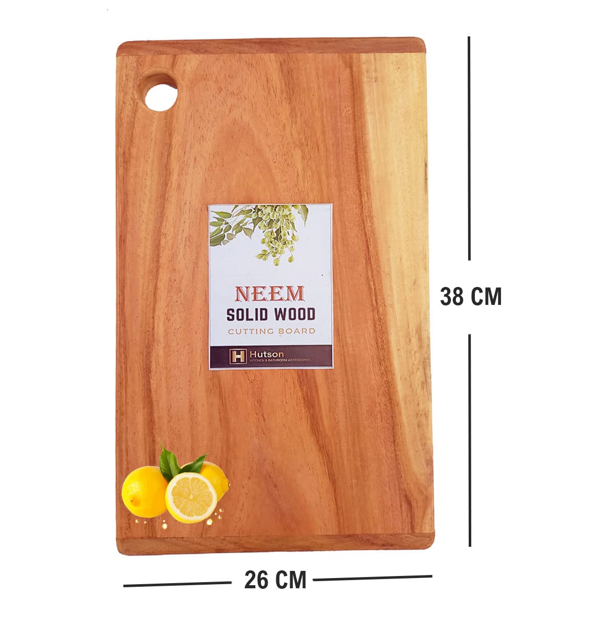 Hutson Natural Neem Wood Solid Block Handmade Rectangle Shape Thick Chopping Cutting Board for Kitchen Vegetables, Fruits & Cheese, BPA Free, Eco-Friendly