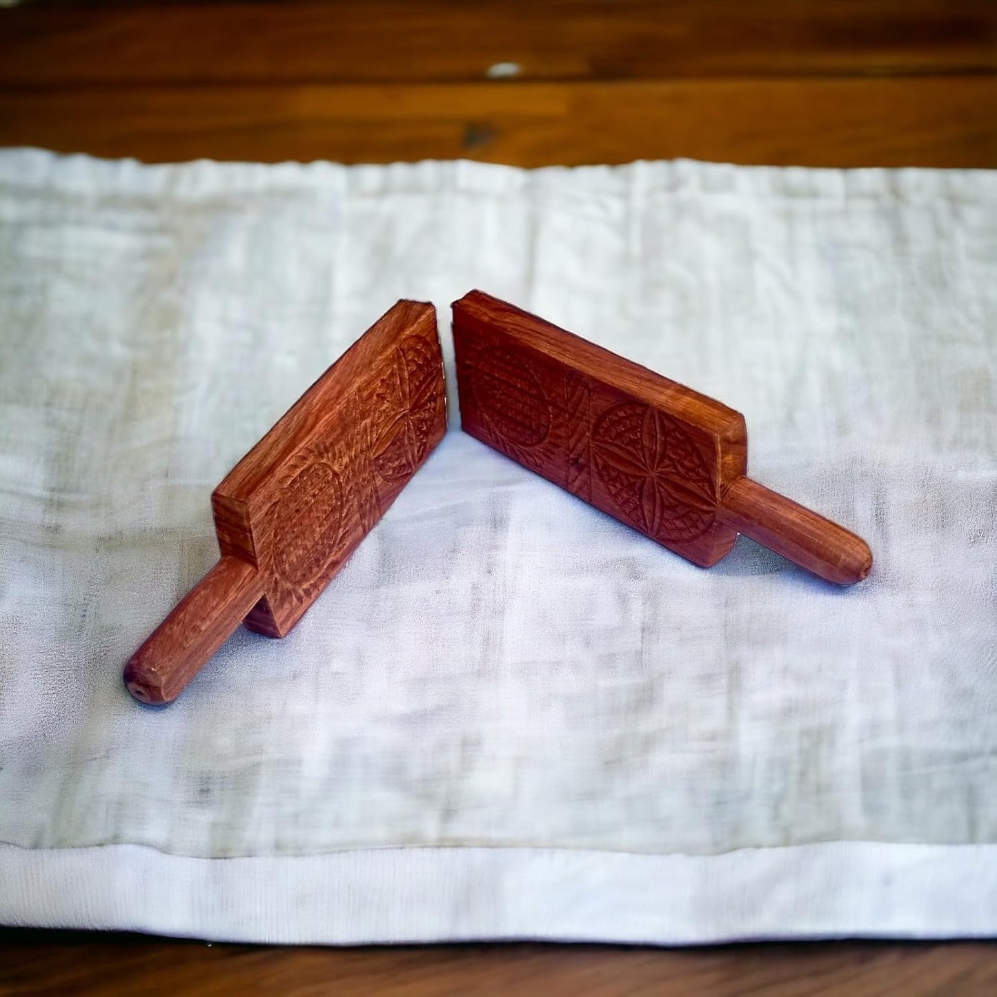 Handcrafted Sheesham Wood Thekua Mould - Traditional Wooden Sancha/Agrauta for Chhath Puja - Premium Khajoor Maker & Biscuit Press for Authentic Bihari Delicacies (Folding 2 in 1)