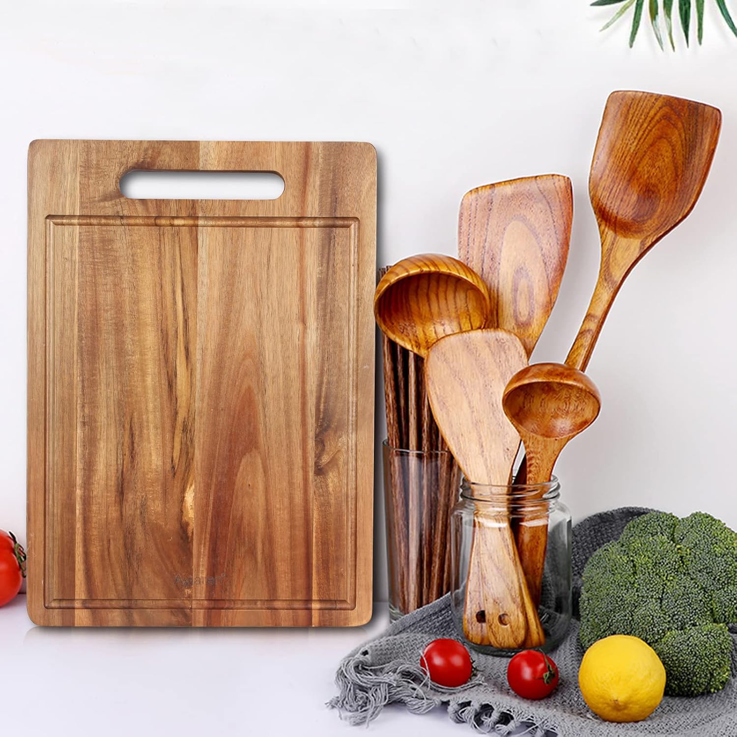 Handmade Acacia Wood Cutting Board with Handle Butcher Block Wooden Chopping Block Serving Board Fruit Charcuterie Board Meat Kitchen Cutting Boards Countertop